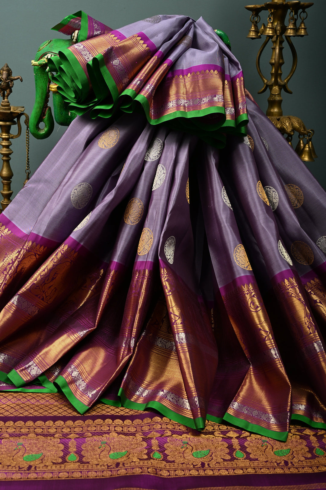 Gray-Dusty Lavender Gadwal Silk Saree with Gold-Silver Floral Zari Buttas and Contrast Wide Zari Border | SILK MARK CERTIFIED | SHOBITAM