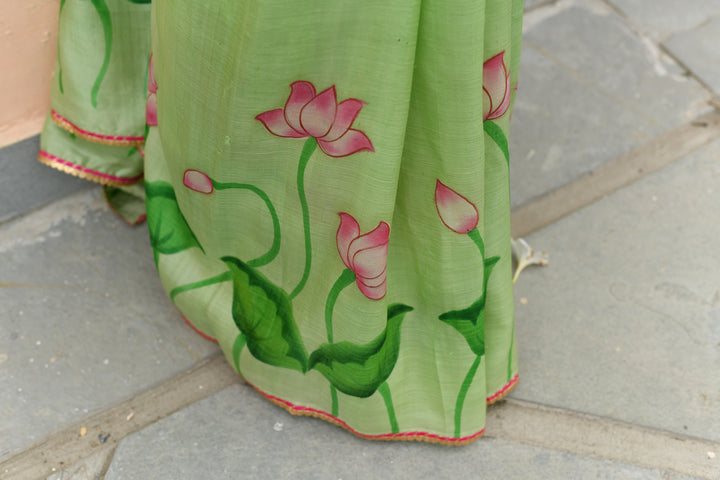 Vermilion Orange Pure Tussar Silk Saree with Kalamkari Lotus Hand Painted and Pichwai Motifs on Pallu | SILK MARK CERTIFIED (Copy)