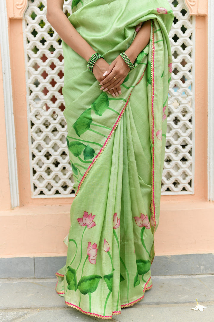 Vermilion Orange Pure Tussar Silk Saree with Kalamkari Lotus Hand Painted and Pichwai Motifs on Pallu | SILK MARK CERTIFIED (Copy)