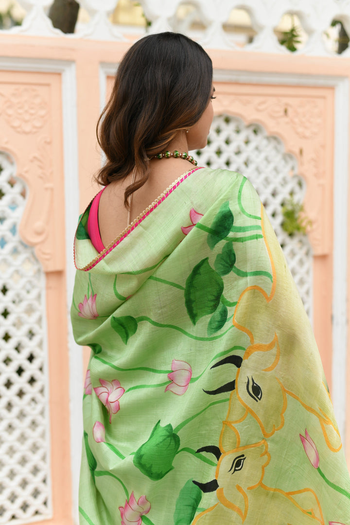 Vermilion Orange Pure Tussar Silk Saree with Kalamkari Lotus Hand Painted and Pichwai Motifs on Pallu | SILK MARK CERTIFIED (Copy)