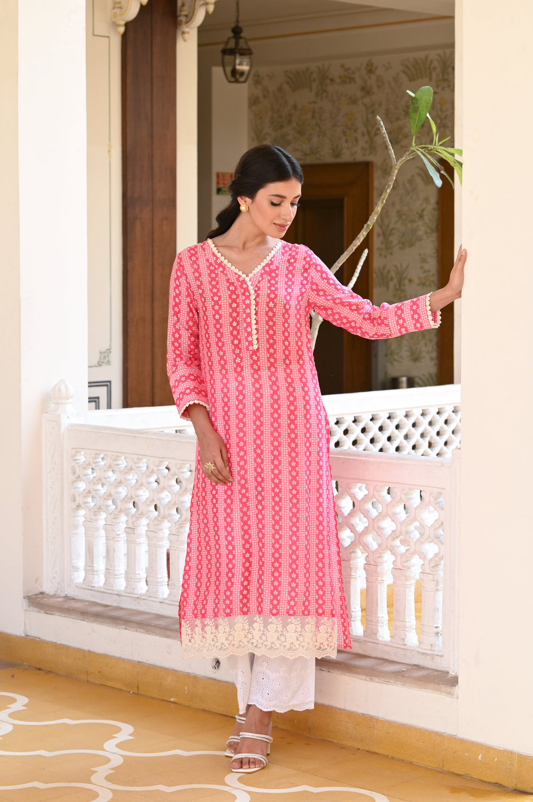 Pink Striped Sequence , Pearl and Lace Kurti with Schiffli pants -SET OF-2 | SHOBITAM