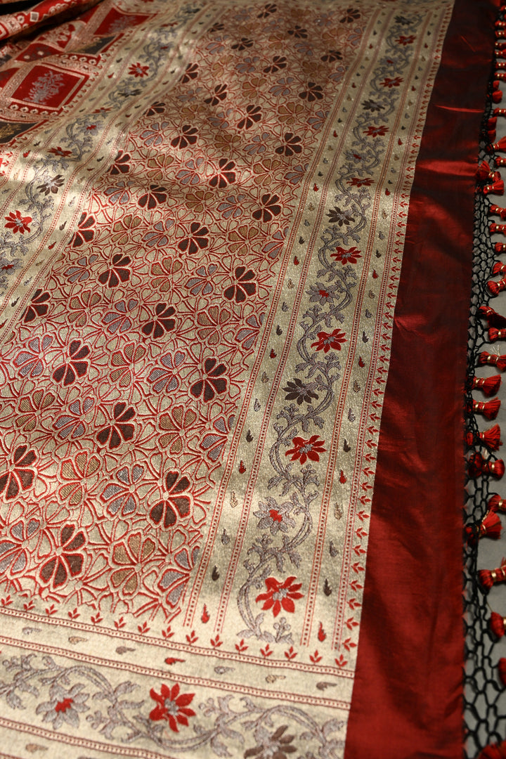Brick Red Persian Jaal Banarasi Saree with Floral,Muniya motif Border and Rich pallu | SILK MARK CERTIFIED