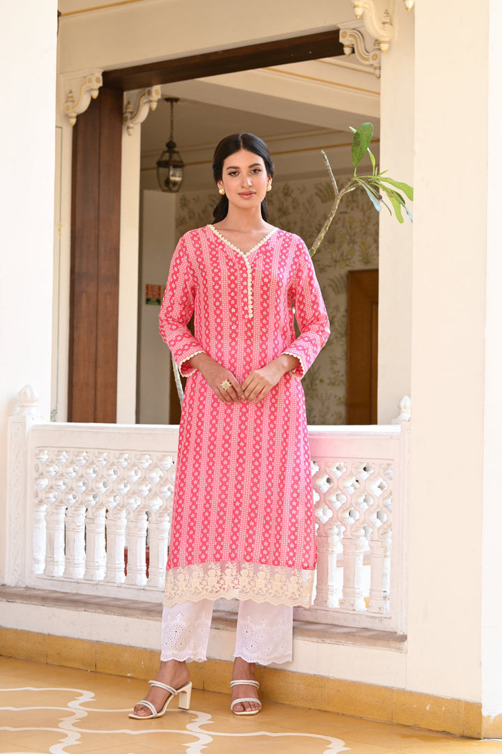 Pink Striped Sequence , Pearl and Lace Kurti with Schiffli pants -SET OF-2 | SHOBITAM