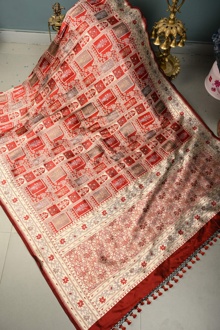 Brick Red Persian Jaal Banarasi Saree with Floral,Muniya motif Border and Rich pallu | SILK MARK CERTIFIED