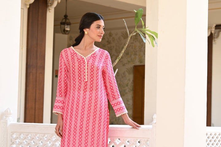 Pink Striped Sequence , Pearl and Lace Kurti with Schiffli pants -SET OF-2 | SHOBITAM