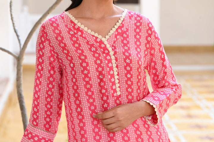 Pink Striped Sequence , Pearl and Lace Kurti with Schiffli pants -SET OF-2 | SHOBITAM