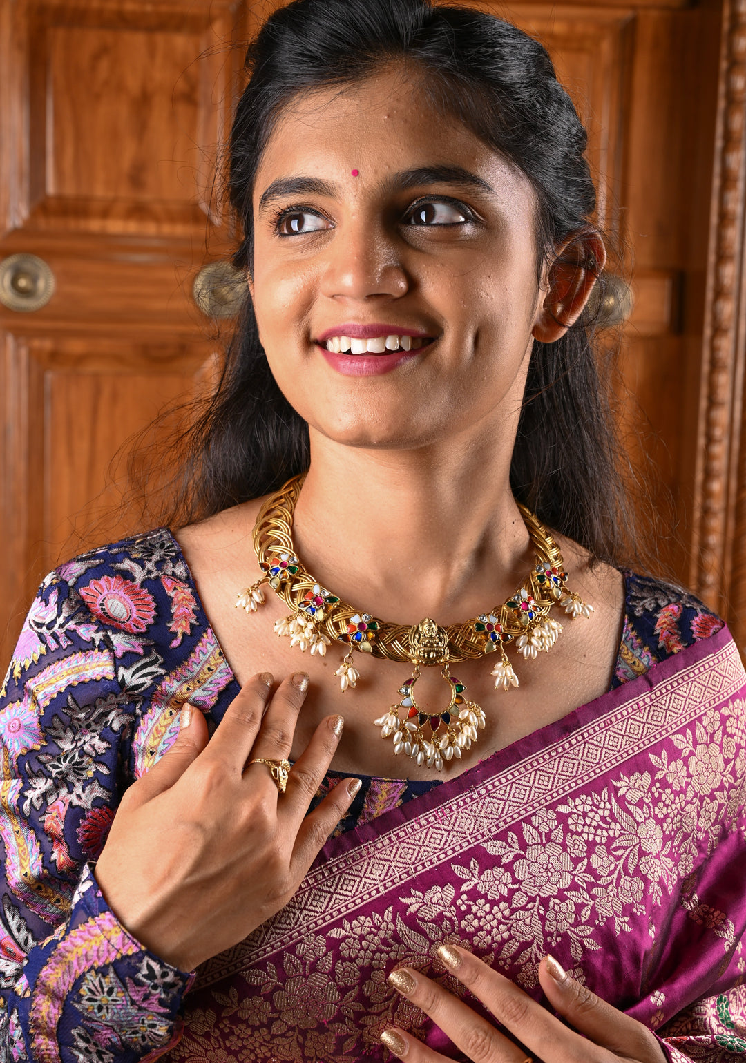 Braided Hasli Carved Lakshmi with Navaratna Stones Necklace Set with Dangling Rice Pearls, No Earrings