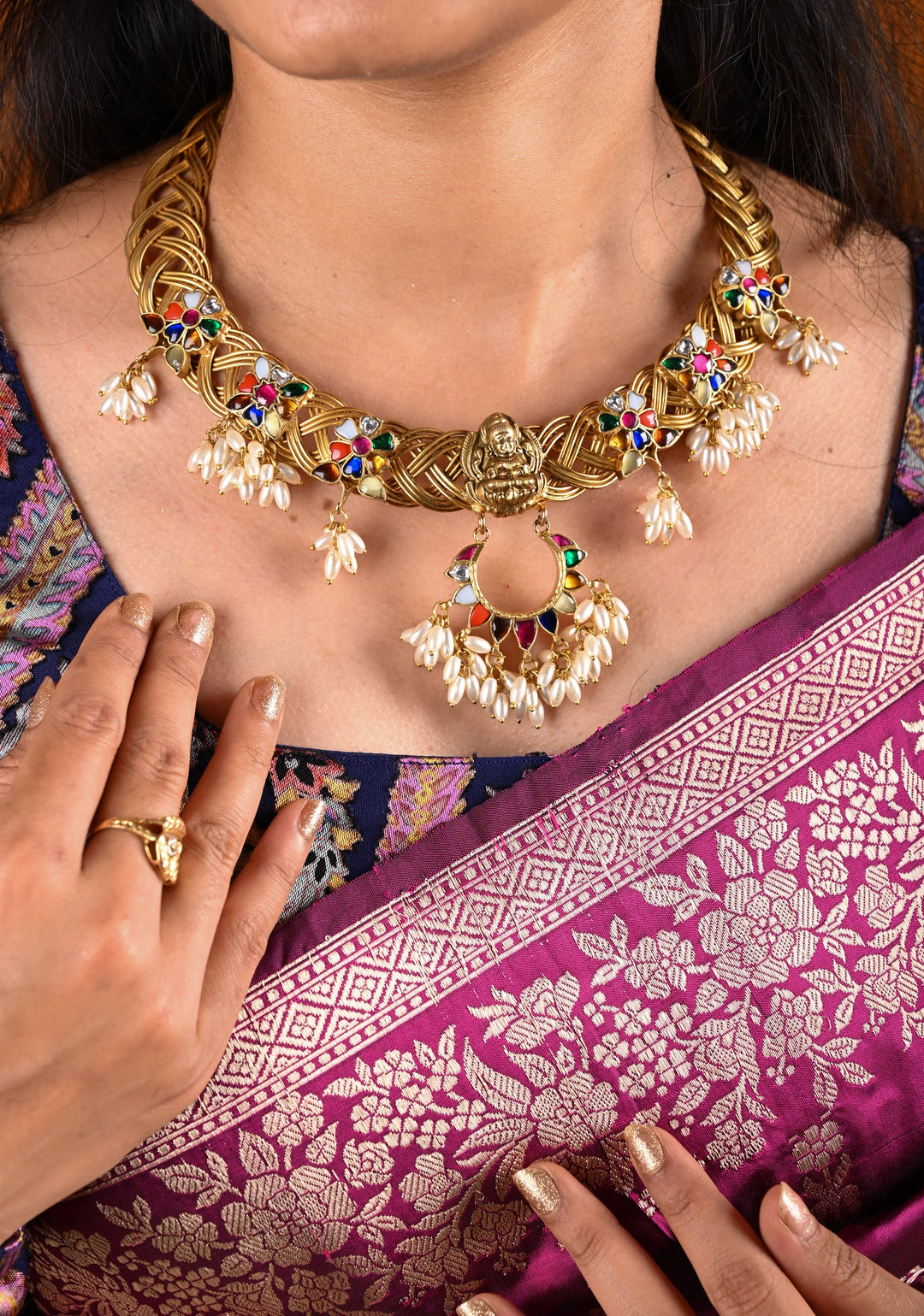 Braided Hasli Carved Lakshmi with Navaratna Stones Necklace Set with Dangling Rice Pearls, No Earrings