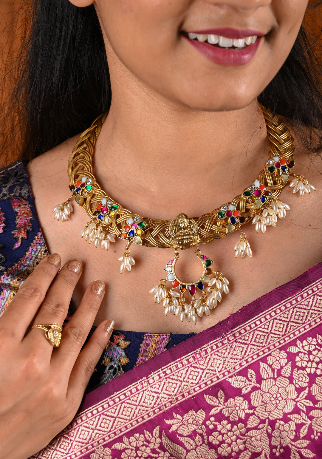Braided Hasli Carved Lakshmi with Navaratna Stones Necklace Set with Dangling Rice Pearls, No Earrings