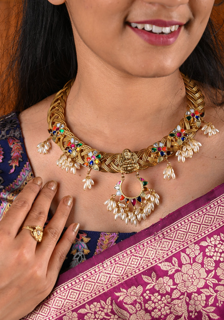 Braided Hasli Carved Lakshmi with Navaratna Stones Necklace Set with Dangling Rice Pearls, No Earrings