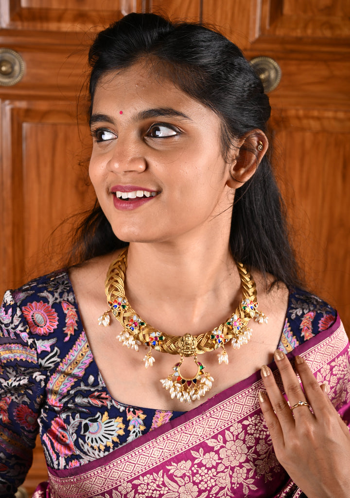 Braided Hasli Carved Lakshmi with Navaratna Stones Necklace Set with Dangling Rice Pearls, No Earrings