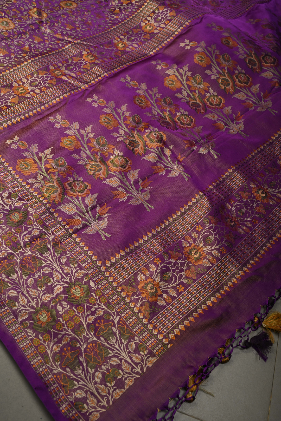Purple Dual Tone Tanchoi Banarasi Satin Silk Saree With Meenakari Flora Brocade Jaal and Border | SILK MARK CERTIFIED | SHOBITAM