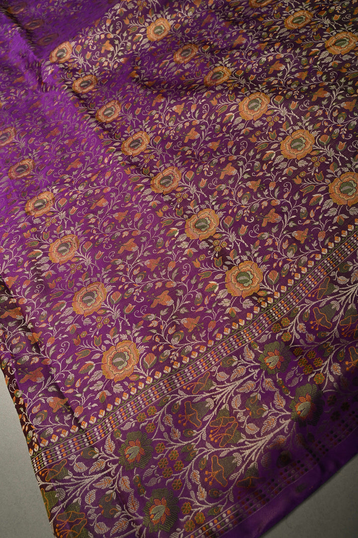 Purple Dual Tone Tanchoi Banarasi Satin Silk Saree With Meenakari Flora Brocade Jaal and Border | SILK MARK CERTIFIED | SHOBITAM