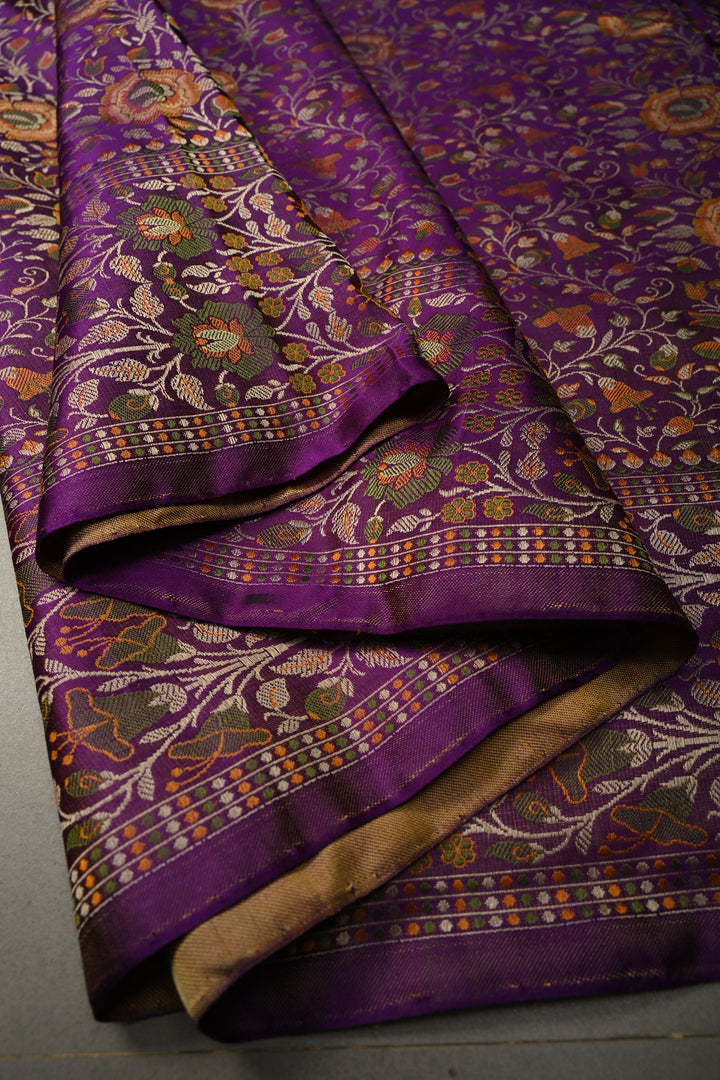Purple Dual Tone Tanchoi Banarasi Satin Silk Saree With Meenakari Flora Brocade Jaal and Border | SILK MARK CERTIFIED | SHOBITAM