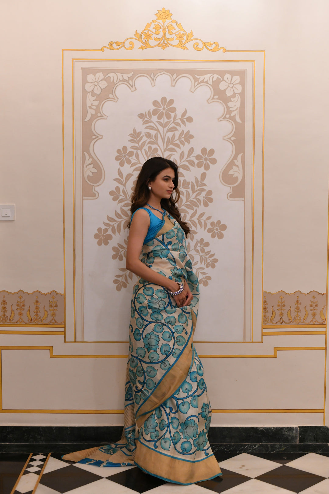 Blue Jari Tussar Saree with Kalamkari Hand Painted Kalamakri Floral Design | SILK MARK CERTIFIED (Copy)