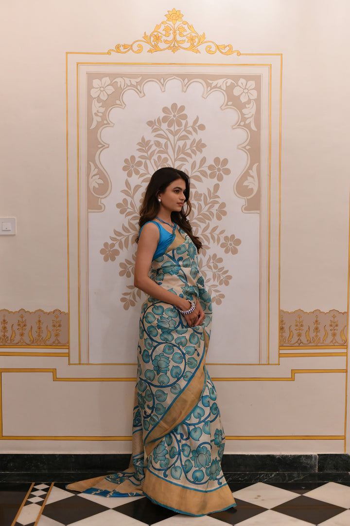 Blue Jari Tussar Saree with Kalamkari Hand Painted Kalamakri Floral Design | SILK MARK CERTIFIED (Copy)