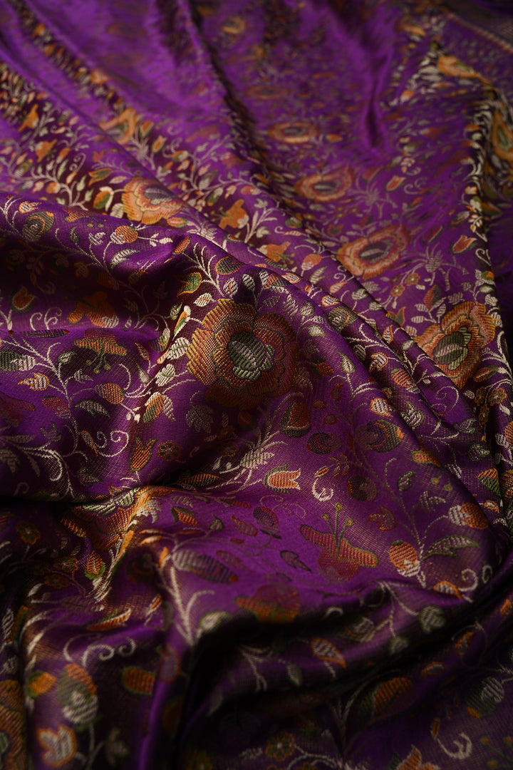 Purple Dual Tone Tanchoi Banarasi Satin Silk Saree With Meenakari Flora Brocade Jaal and Border | SILK MARK CERTIFIED | SHOBITAM