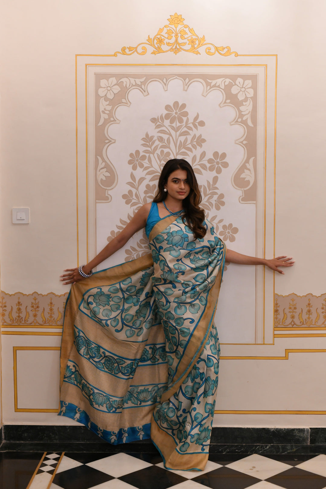 Blue Jari Tussar Saree with Kalamkari Hand Painted Kalamakri Floral Design | SILK MARK CERTIFIED (Copy)