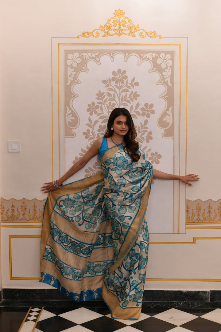 Blue Jari Tussar Saree with Kalamkari Hand Painted Kalamakri Floral Design | SILK MARK CERTIFIED (Copy)