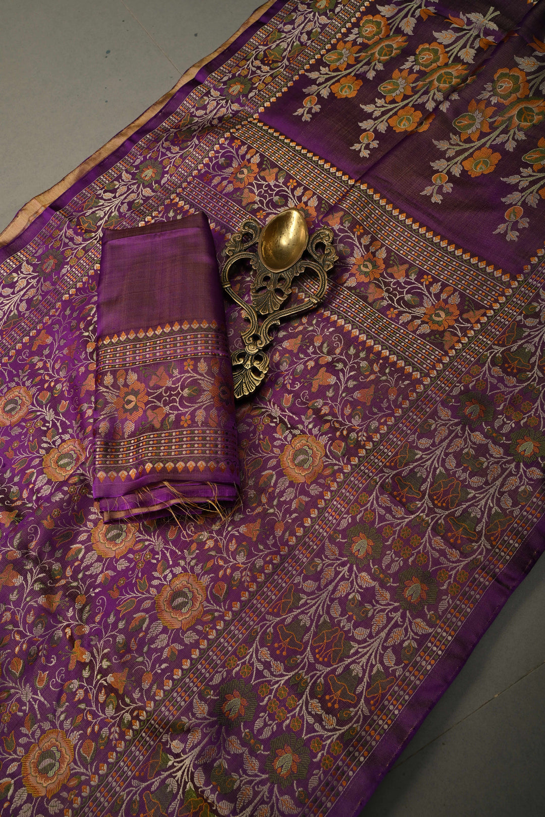 Purple Dual Tone Tanchoi Banarasi Satin Silk Saree With Meenakari Flora Brocade Jaal and Border | SILK MARK CERTIFIED | SHOBITAM