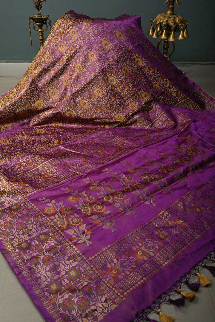 Purple Dual Tone Tanchoi Banarasi Satin Silk Saree With Meenakari Flora Brocade Jaal and Border | SILK MARK CERTIFIED | SHOBITAM