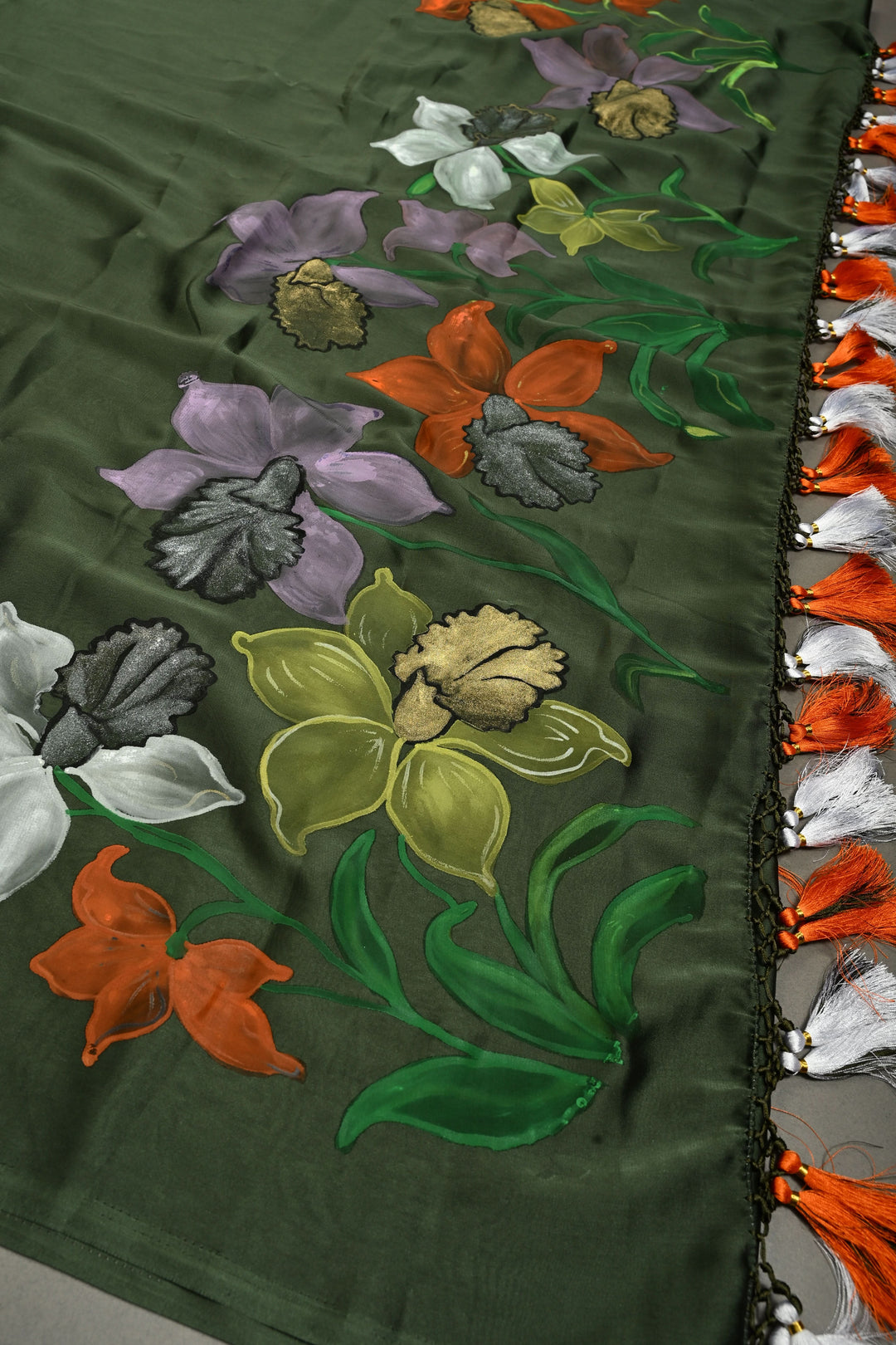 Deep Sage Green Shimmer Georgette Saree with Blooming Floral Hand Painted on Pallu , No Blouse Piece | SHOBITAM