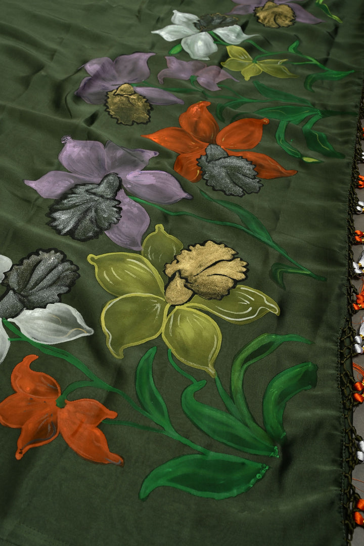 Deep Sage Green Shimmer Georgette Saree with Blooming Floral Hand Painted on Pallu , No Blouse Piece | SHOBITAM