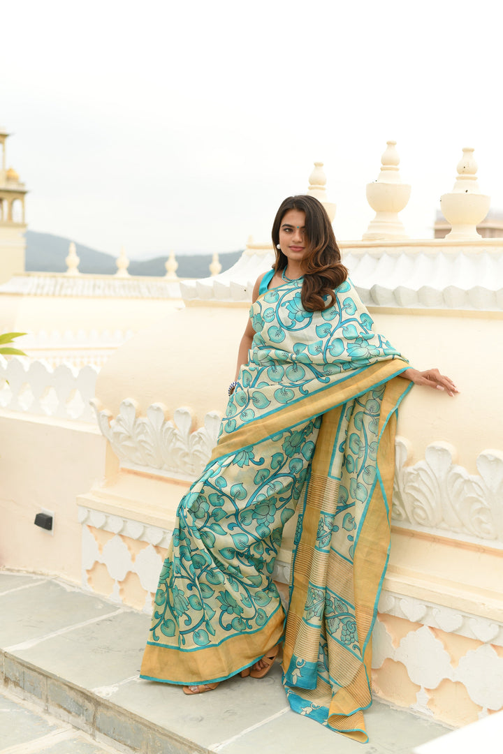 Blue Jari Tussar Saree with Kalamkari Hand Painted Kalamakri Floral Design | SILK MARK CERTIFIED (Copy)