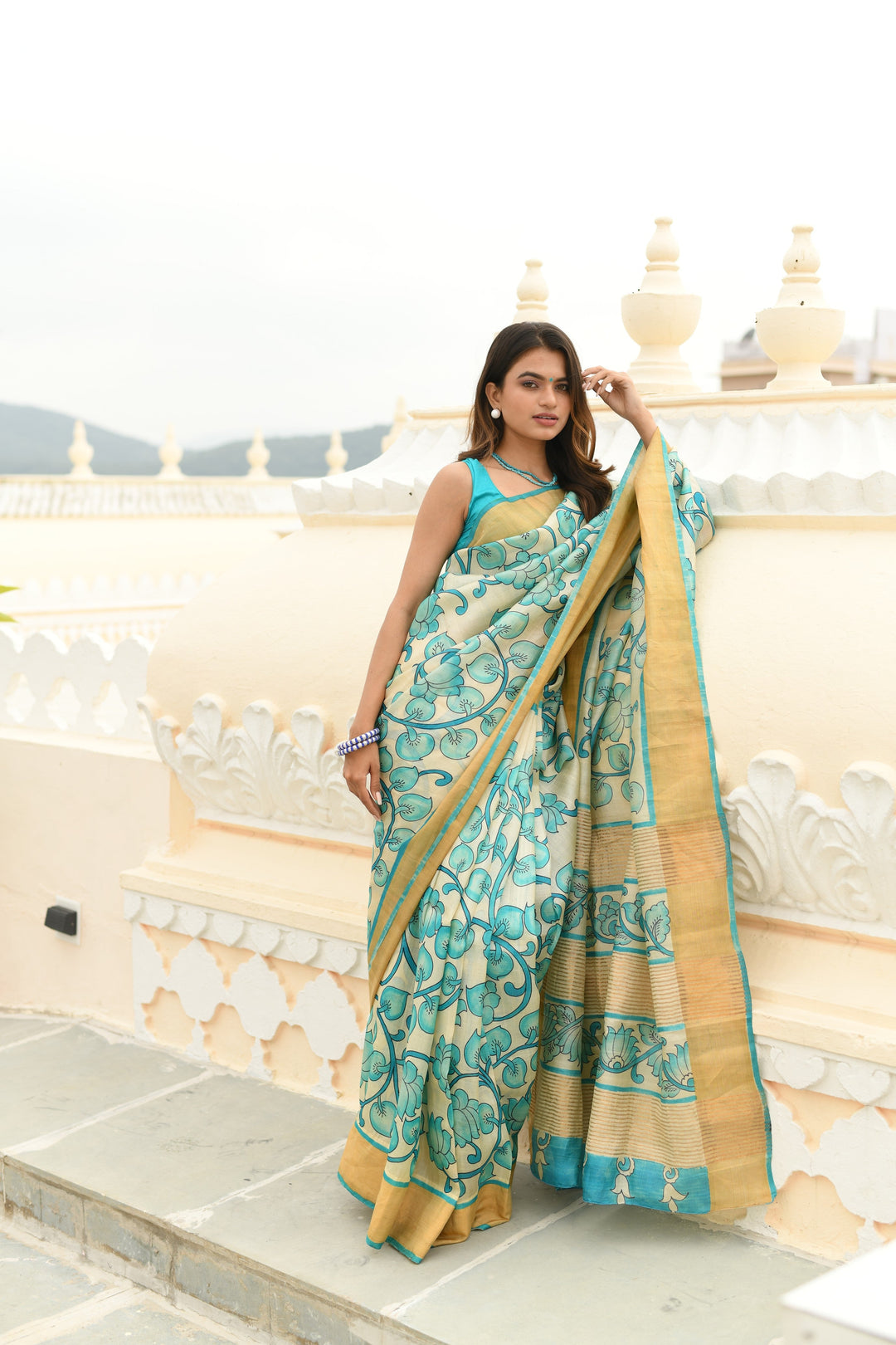 Blue Jari Tussar Saree with Kalamkari Hand Painted Kalamakri Floral Design | SILK MARK CERTIFIED (Copy)