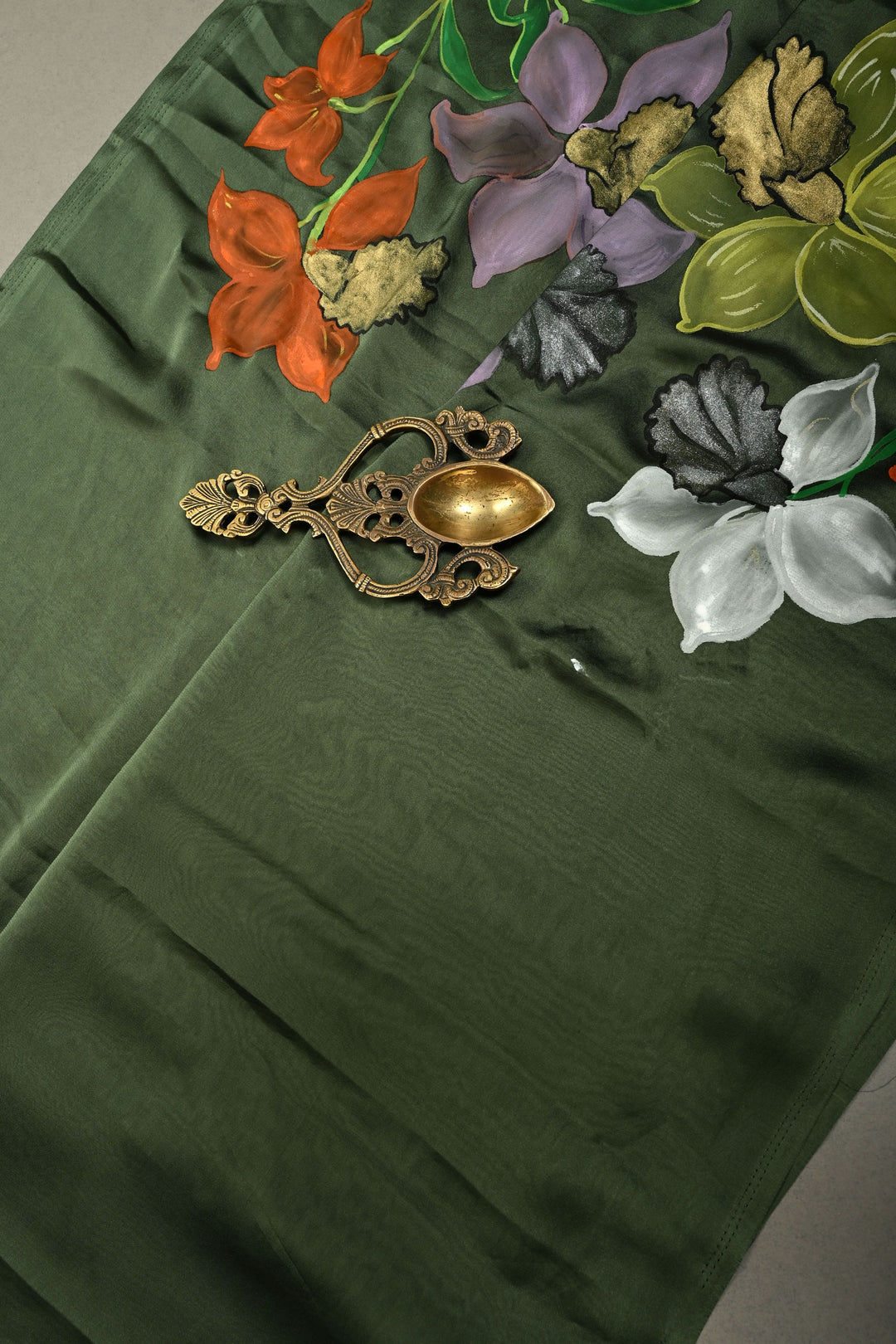 Deep Sage Green Shimmer Georgette Saree with Blooming Floral Hand Painted on Pallu , No Blouse Piece | SHOBITAM
