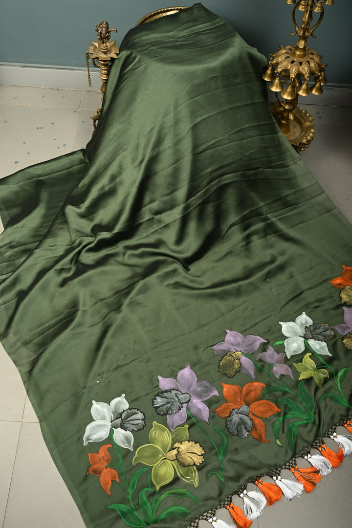 Deep Sage Green Shimmer Georgette Saree with Blooming Floral Hand Painted on Pallu , No Blouse Piece | SHOBITAM