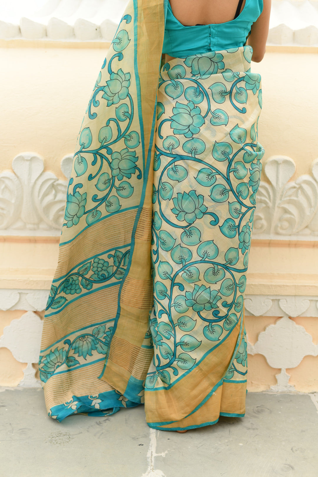 Blue Jari Tussar Saree with Kalamkari Hand Painted Kalamakri Floral Design | SILK MARK CERTIFIED (Copy)