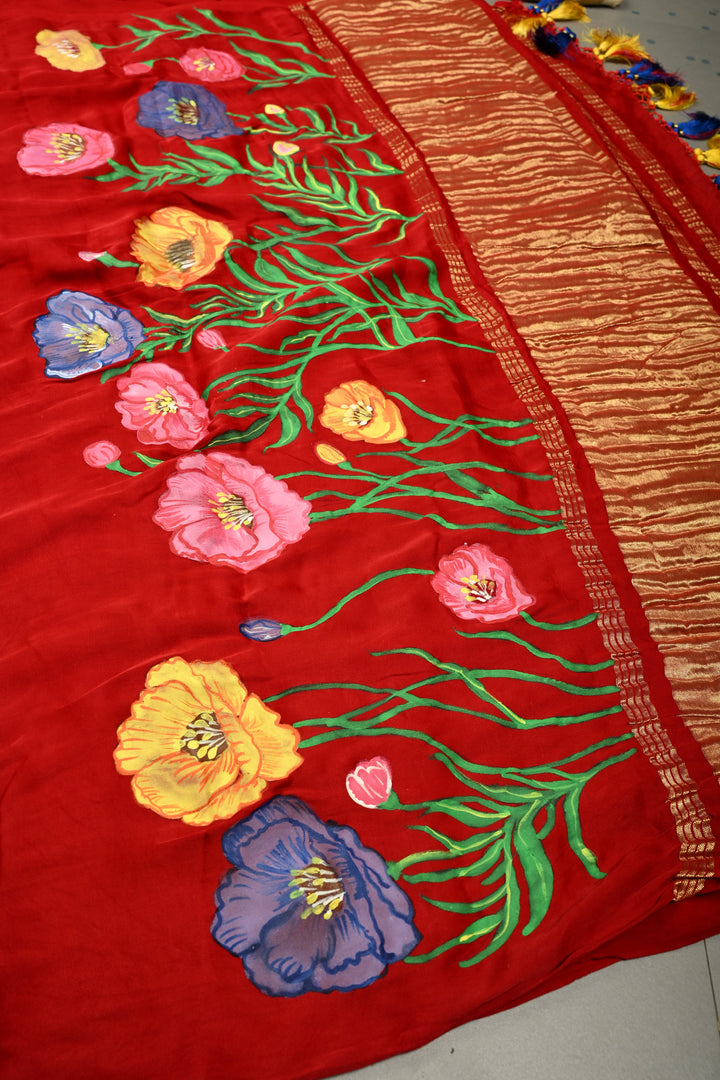 Blood Red Modal Silk Saree with Blooming Floral Hand Painted and Lagda Patta Crushed Tissue Pallu | SHOBITAM
