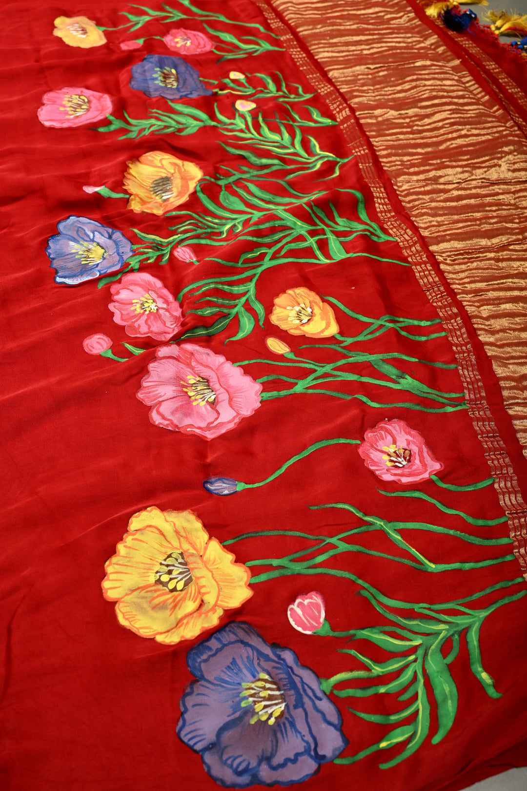 Blood Red Modal Silk Saree with Blooming Floral Hand Painted and Lagda Patta Crushed Tissue Pallu | SHOBITAM