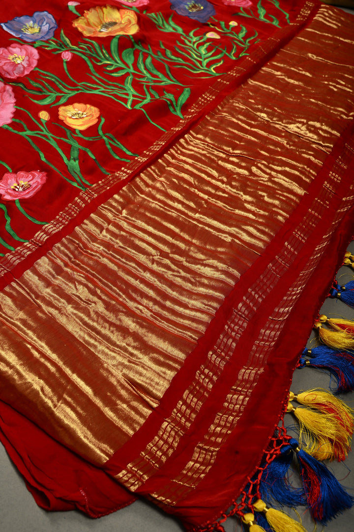 Blood Red Modal Silk Saree with Blooming Floral Hand Painted and Lagda Patta Crushed Tissue Pallu | SHOBITAM
