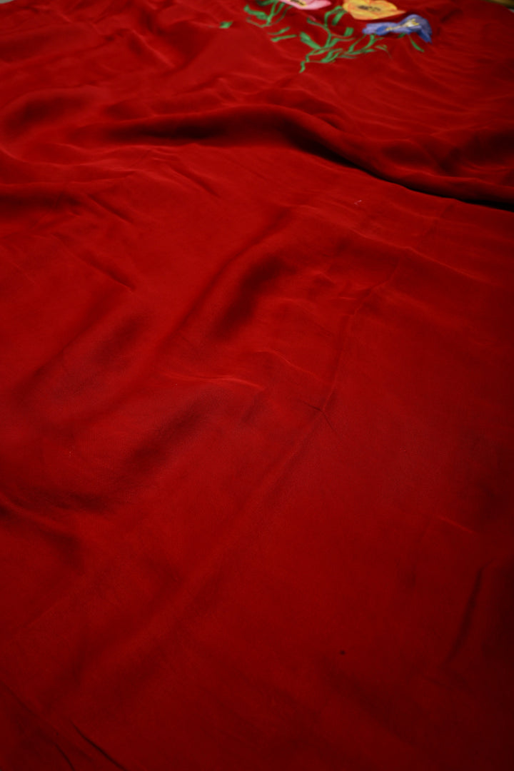 Blood Red Modal Silk Saree with Blooming Floral Hand Painted and Lagda Patta Crushed Tissue Pallu | SHOBITAM