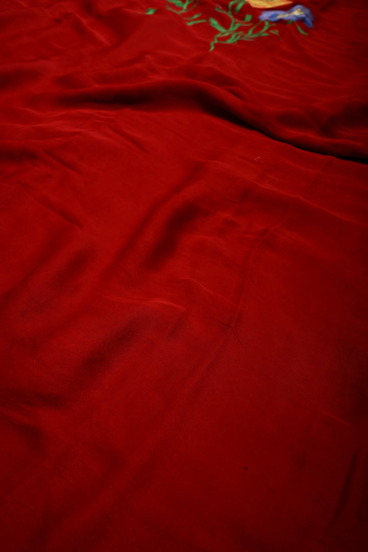 Blood Red Modal Silk Saree with Blooming Floral Hand Painted and Lagda Patta Crushed Tissue Pallu | SHOBITAM