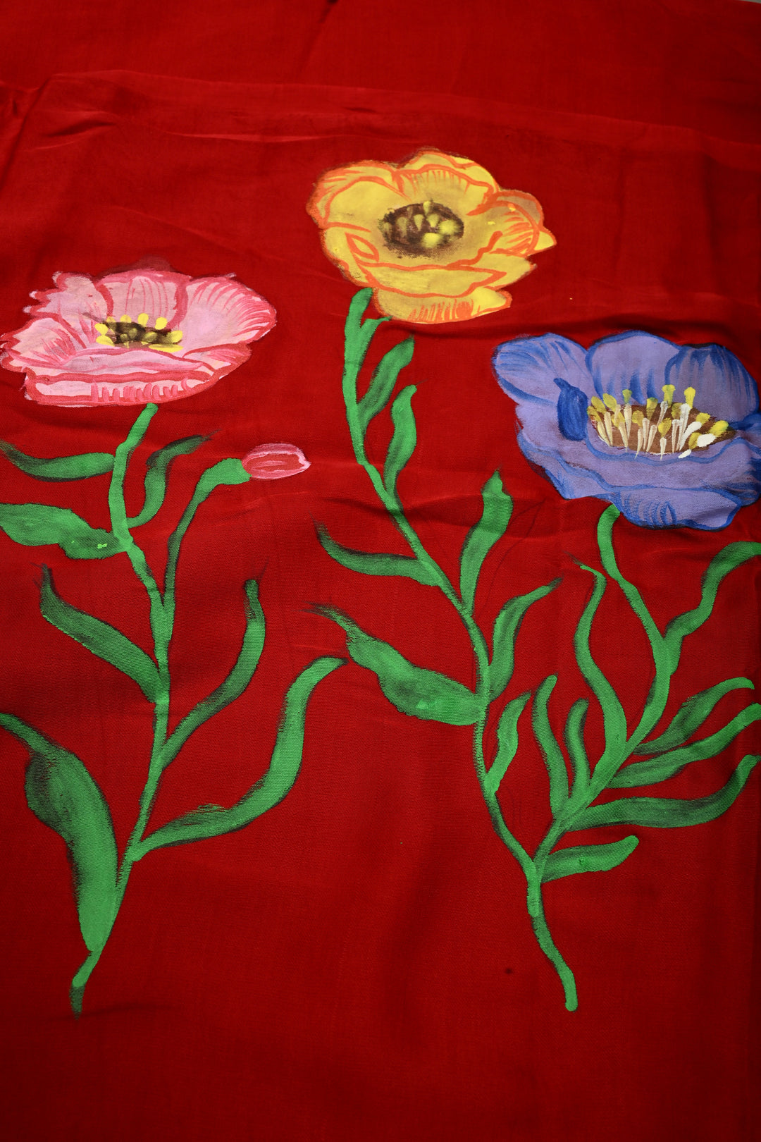 Blood Red Modal Silk Saree with Blooming Floral Hand Painted and Lagda Patta Crushed Tissue Pallu | SHOBITAM