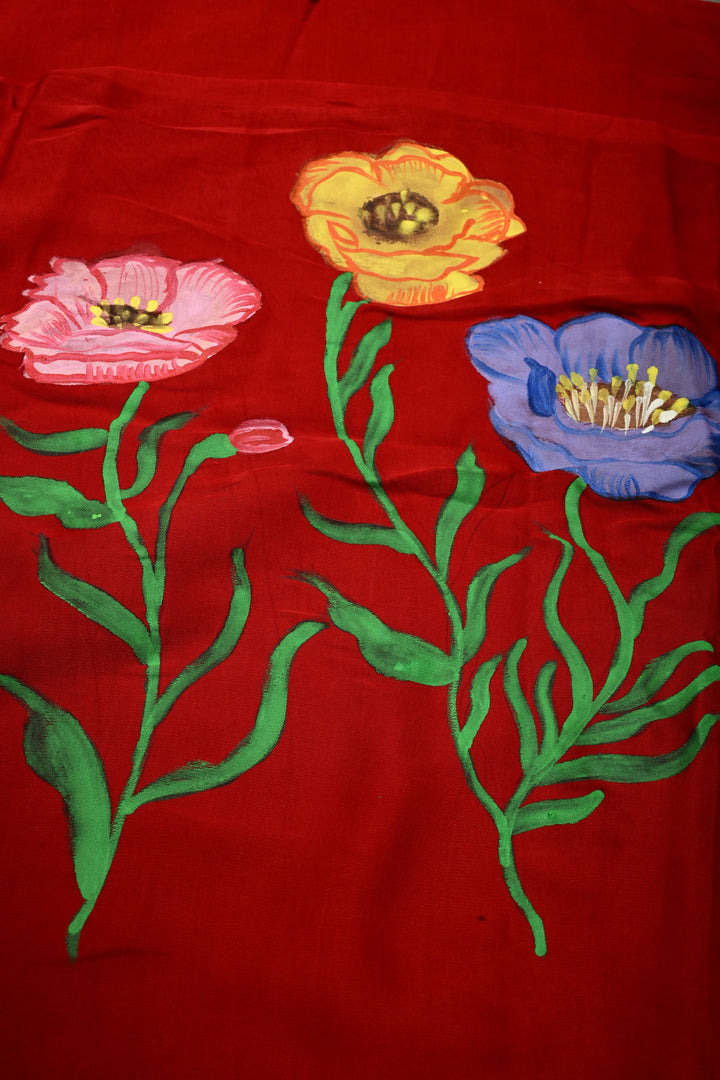 Blood Red Modal Silk Saree with Blooming Floral Hand Painted and Lagda Patta Crushed Tissue Pallu | SHOBITAM