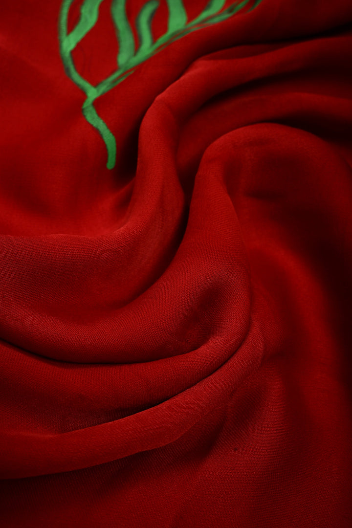 Blood Red Modal Silk Saree with Blooming Floral Hand Painted and Lagda Patta Crushed Tissue Pallu | SHOBITAM