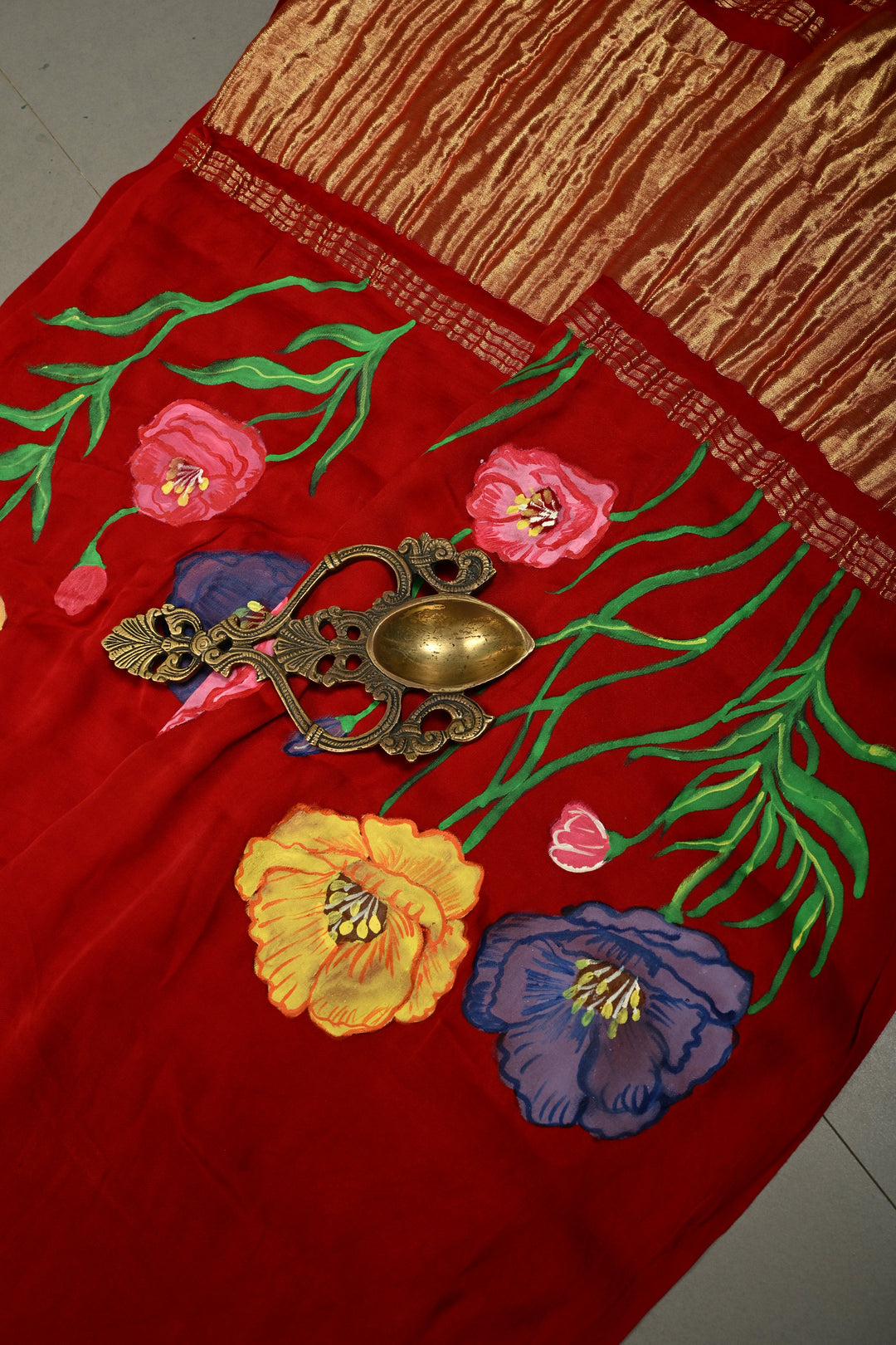 Blood Red Modal Silk Saree with Blooming Floral Hand Painted and Lagda Patta Crushed Tissue Pallu | SHOBITAM
