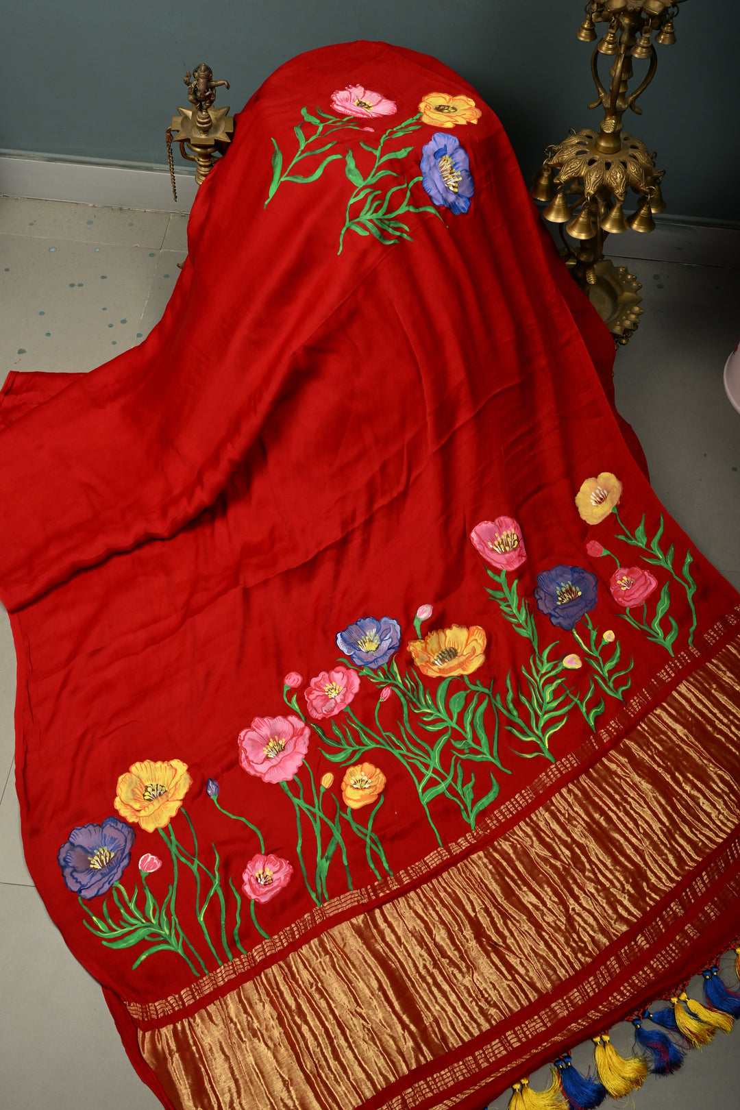 Blood Red Modal Silk Saree with Blooming Floral Hand Painted and Lagda Patta Crushed Tissue Pallu | SHOBITAM