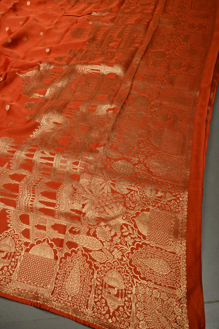 Rust Orange Vegan Viscose Silk Saree with Floral Zari Buttas and Scallop Border | SHOBITAM