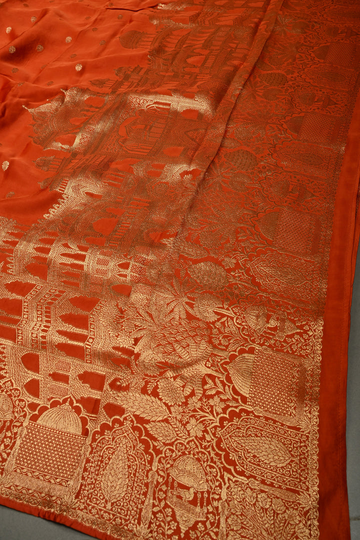 Rust Orange Vegan Viscose Silk Saree with Floral Zari Buttas and Scallop Border | SHOBITAM