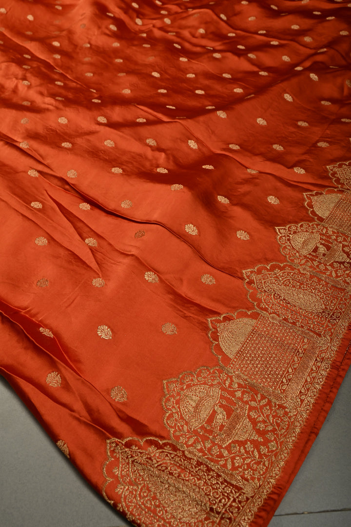 Rust Orange Vegan Viscose Silk Saree with Floral Zari Buttas and Scallop Border | SHOBITAM