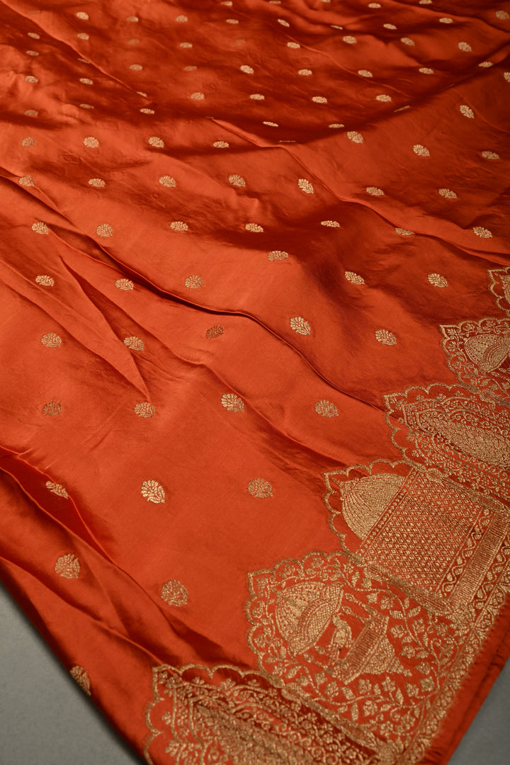 Rust Orange Vegan Viscose Silk Saree with Floral Zari Buttas and Scallop Border | SHOBITAM