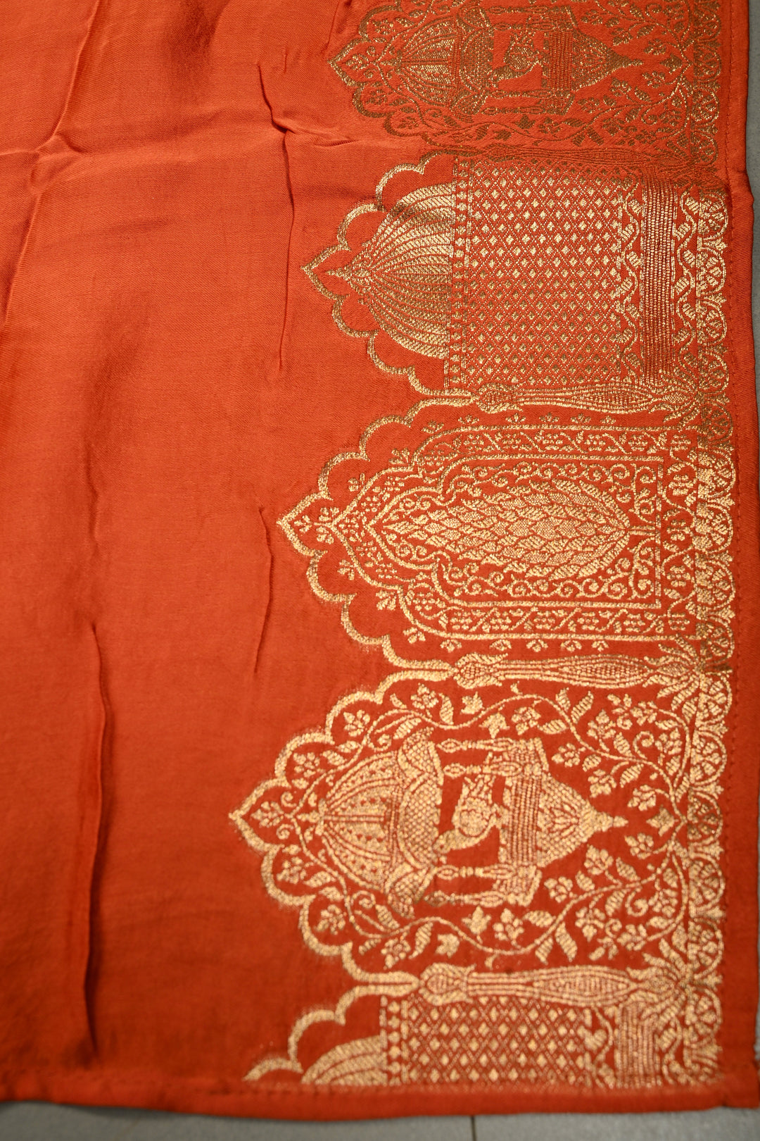 Rust Orange Vegan Viscose Silk Saree with Floral Zari Buttas and Scallop Border | SHOBITAM