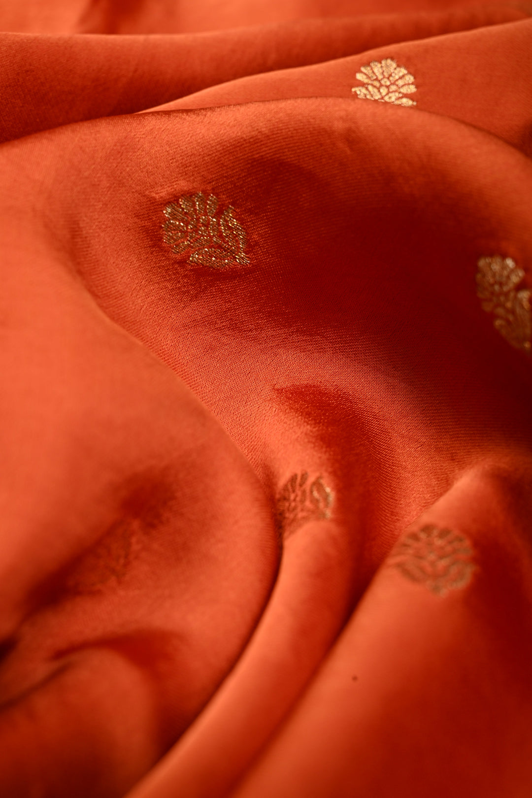 Rust Orange Vegan Viscose Silk Saree with Floral Zari Buttas and Scallop Border | SHOBITAM