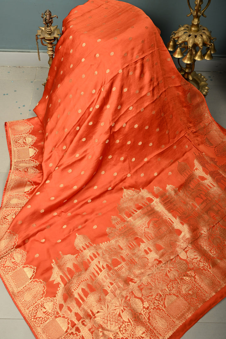 Rust Orange Vegan Viscose Silk Saree with Floral Zari Buttas and Scallop Border | SHOBITAM