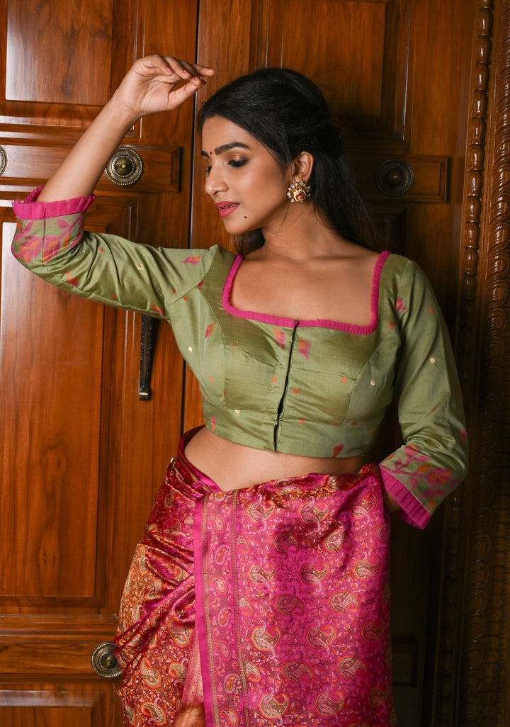 Dusty Pista Jamdani Style Mercerized Cotton Blouse with Frill detailing, Made to Order, Customizable